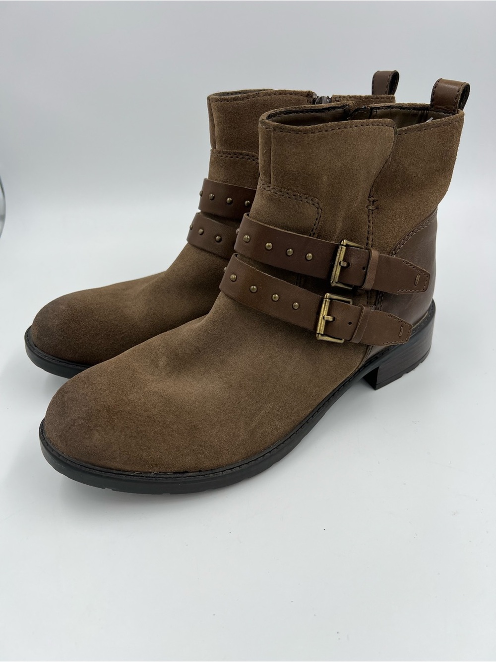 Clarks Swansea Grove Khaki Suede Brown Leather Buckle Women's Ankle Boots 9.5 M